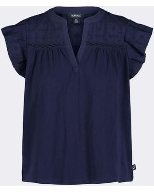 Buffalo David Bitton Buffalo Jeans Mckaylie Split Neck Flutter Sleeve Top With Embroidered Lace Details - Blue