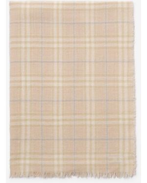 Burberry Wide Embellished Check Wool Silk Blend Scarf - Natural