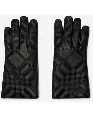 Burberry Check Intarsia Leather Gloves - Black
