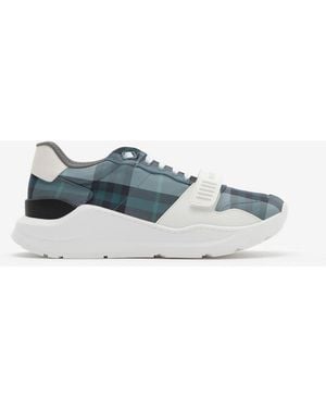 Burberry Check And Leather Trainers - Blue