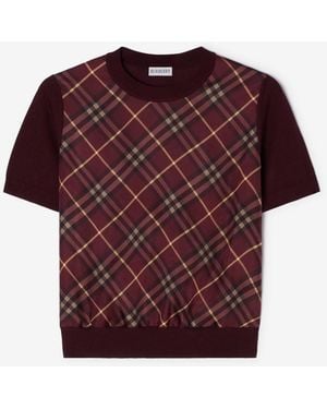 Burberry Check Panel Wool Silk T-Shirt - Red
