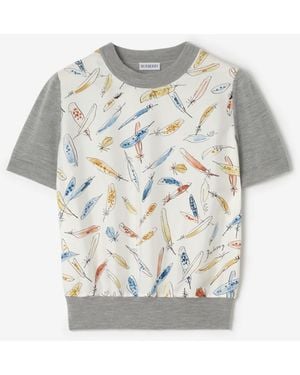 Burberry Feather Print Panel Wool Silk T-Shirt - Multicolour