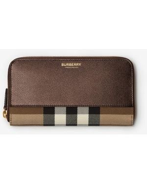 Burberry Large Check And Leather Zip Wallet - Brown