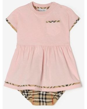 Burberry Childrens Check Trim Cotton Dress With Bloomers - Pink
