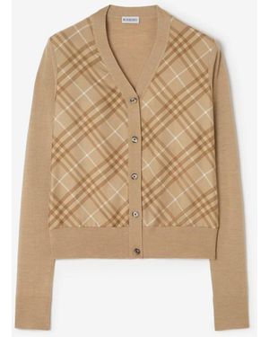 Burberry Check Panel Wool Silk Cardigan - Natural