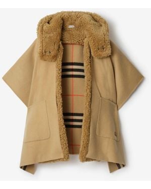Burberry Reversible Shearling Trim Check Cashmere Cape - Metallic