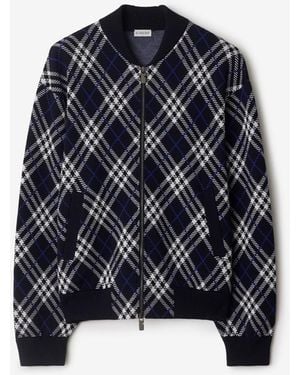 Burberry Check Wool Blend Bomber Jacket - Blue