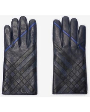 Burberry Check Intarsia Leather Gloves - Blue