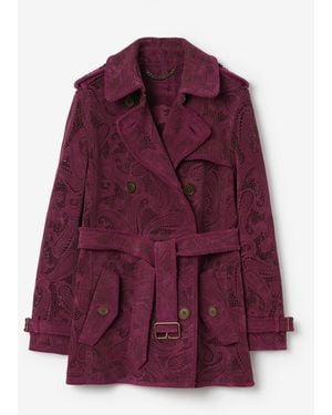 Burberry Short Paisley Suede Foxfield Trench Coat - Purple