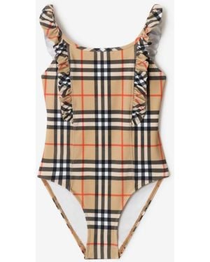 Burberry Childrens Ruffle Trim Check Swimsuit - White
