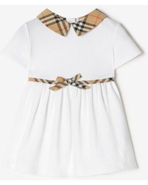 Burberry Childrens Check Trim Stretch Cotton Dress With Bloomers - White