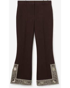 Burberry Cropped Embroidered Wool Silk Flared Trousers - Brown