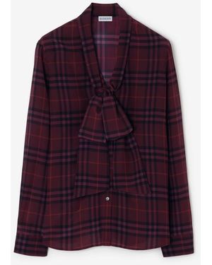 Burberry Check Silk Scarf Blouse - Purple