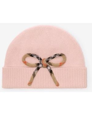 Burberry Childrens Check Bow Wool Cashmere Beanie - Pink