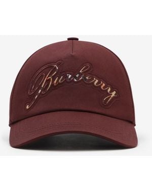 Burberry Check Cursive Logo Gabardine Baseball Cap - Red