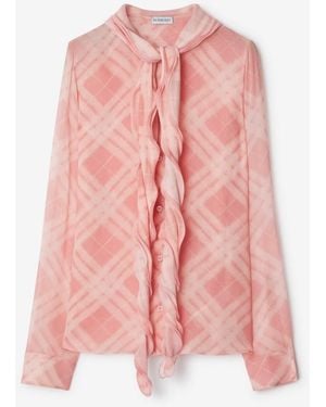 Burberry Ruffled Check Silk Blouse - Pink