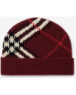Burberry Check Cashmere Blend Beanie - Red