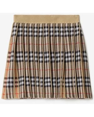 Burberry Childrens Pleated Check Wool Blend Skirt - Natural
