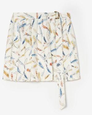 Burberry Pleated Feather-Print Silk Mini Skirt - White