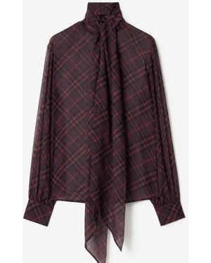 Burberry Check Silk Scarf Blouse - Purple