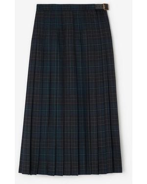 Burberry Pleated Check Wool Blend Skirt - Black