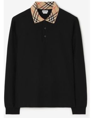 Burberry Long-Sleeve Check Collar Cotton Polo Shirt - Black