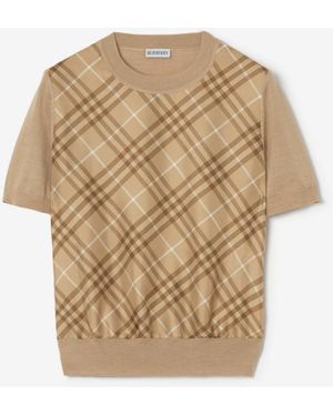 Burberry Check Panel Wool Silk T-Shirt - Natural