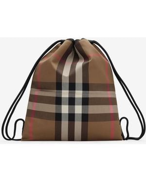 Burberry Check Cotton Drawcord Backpack - Brown