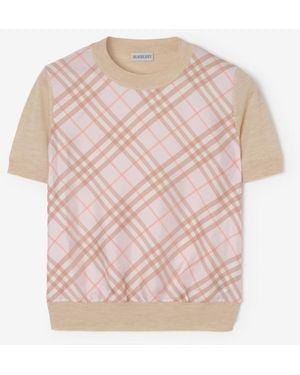 Burberry Check Panel Wool Silk T-Shirt - Pink