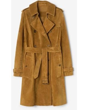 Burberry Mid-Length Suede Kensington Trench Coat - Brown