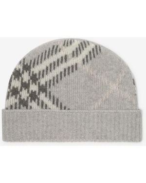 Burberry Check Cashmere Blend Beanie - Grey