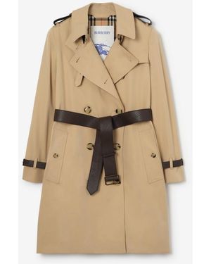 Burberry Mid-Length Leather Trim Kensington Trench Coat - Natural