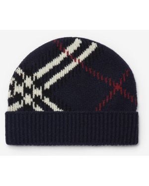 Burberry Check Cashmere Blend Beanie - Blue