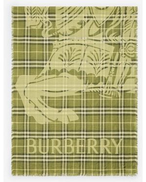 Burberry Wide Knight Check Wool Silk Scarf - Green