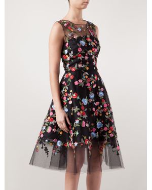 Oscar de la Renta Floral Embroidered Tulle Dress - Black