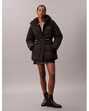 Calvin Klein Logo Belt Hooded Puffer Jacket - Brown
