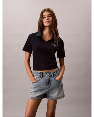 Calvin Klein Calvin Klein Monologo Rib Cropped Sweater Polo Shirt - Black
