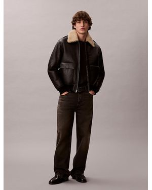 Calvin Klein Shearling Leather Flight Jacket - Black