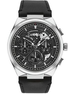 Calvin Klein Multifunction Leather Strap Skeleton Watch - Black