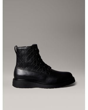 Calvin Klein Leather Emblem Logo Lace-Up Zip Boots - Black
