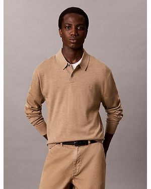Calvin Klein Merino Wool Polo Jumper - Natural