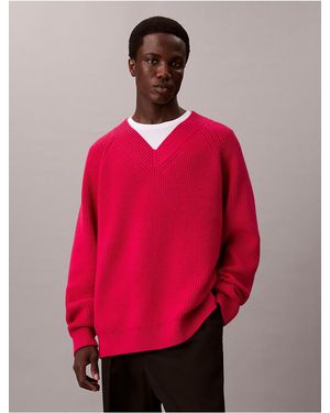 Calvin Klein Merino Wool Blend Relaxed V-Neck Sweater - Pink