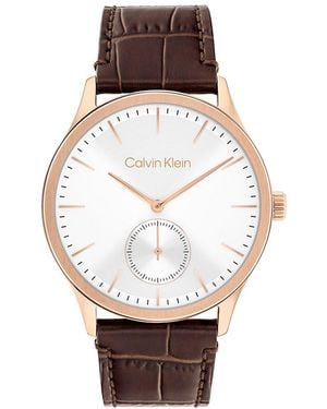 Calvin Klein Brushed Dial Leather Strap Watch - White