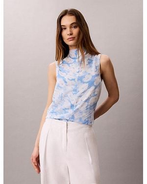 Calvin Klein Printed Plisse Mock Neck Sleeveless Top - Blue