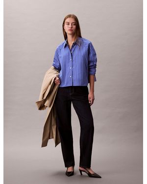Calvin Klein Stripe Cropped Boxy Button-Down Shirt - Blue