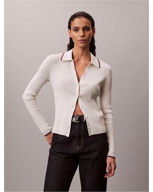 Calvin Klein Calvin Klein Smooth Cotton Rib Tipped Polo Cardigan - Natural