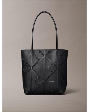 Calvin Klein Embossed Allover Monogram Logo Small Tote Bag - Gray