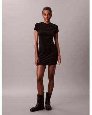 Calvin Klein Velour Embossed Logo Graphic Mini Dress - Black