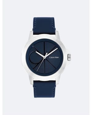 Calvin Klein Emblem Dial Leather Strap Watch - Blue