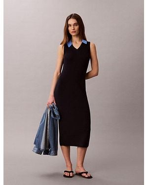 Calvin Klein Jeans Cotton Knit Sleeveless Polo Dress - Black